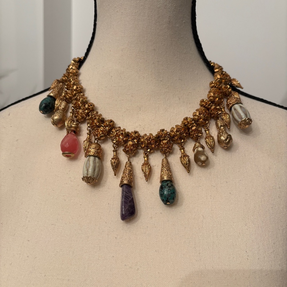 Zara Gold-Tone Charm Necklace with Pink, Purple, Teal and Cream Accents